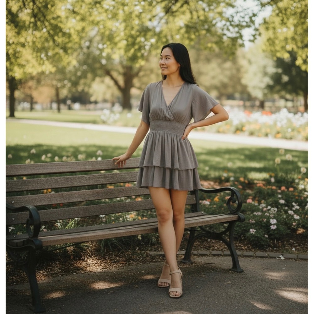 Bobi BLACK Los Angeles Smocked Tiered Ruffle Mini Dress Taupe Mauve Small‎